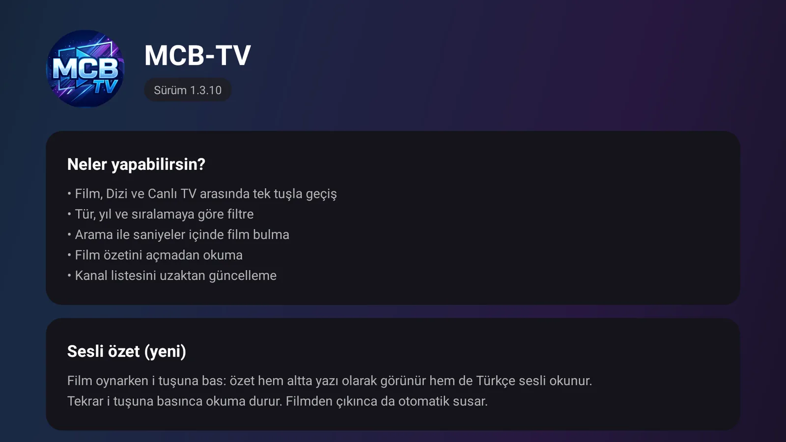Hakkında ekranı: sesli özet özelliği