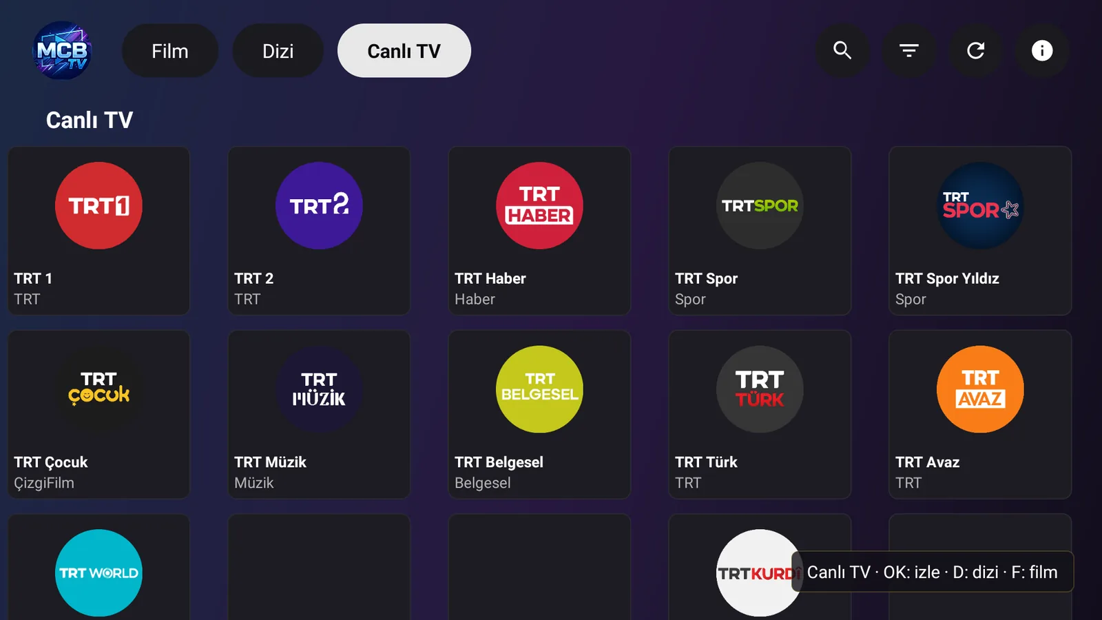 Canlı TV ekranı: TRT kanalları
